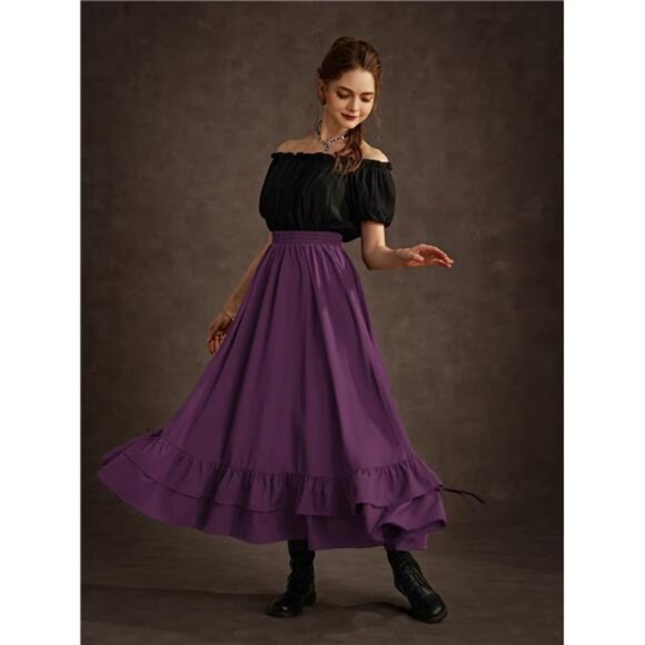 Women Renaissance Skirt Ruffle Layered Maxi Purple - Picture 2 of 6